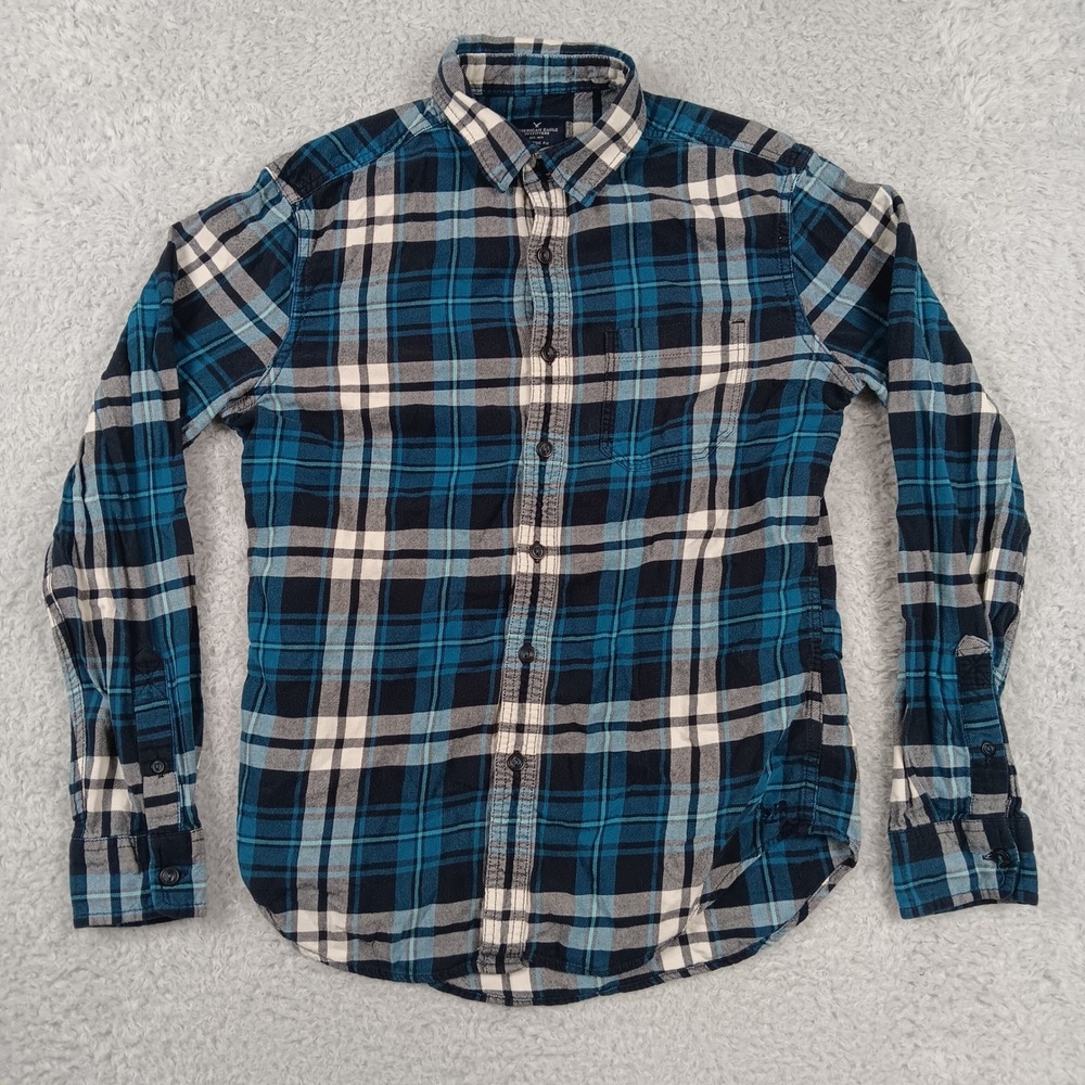 American Eagle Flannel Shirt Mens Small Blue Plaid Classic Fit Long Sleeve